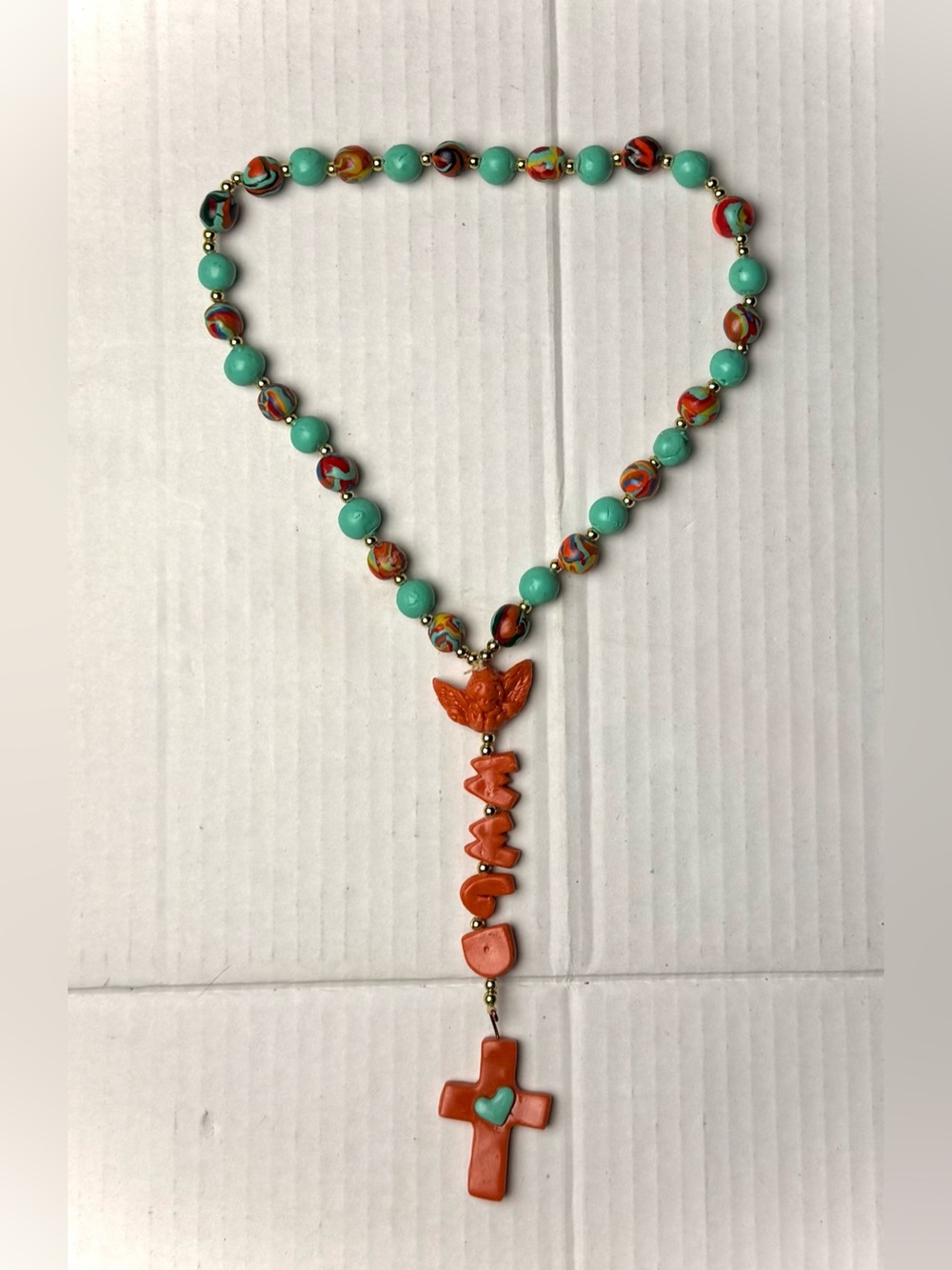 Handmade Catholic Rosary Necklace Orange Green Clay Beaded What Would Jesus Do - Picture 6 of 8
